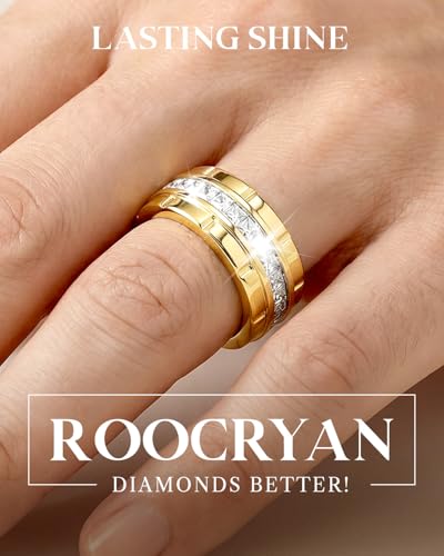 Image of 8mm Mens Gold Wedding Band with Cubic Zirconia Silver Eternity Ring CZ Inlaid 18K Gold Plated Stainless Steel Rings for Men, Rings Size 5-12