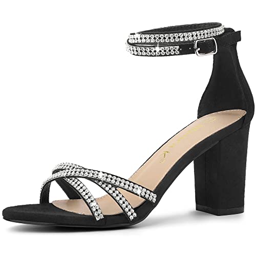 Allegra K Women's Rhinestones Strappy Chunky Heel Sandals