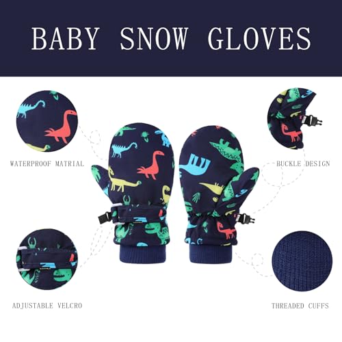 Image of Urban Virgin Toddler Winter Gloves Kids Waterproof Snow Mittens Baby Mittens Boys And Girls Cuffed Snow Gloves D-NavyblueDino M(3T-5T)