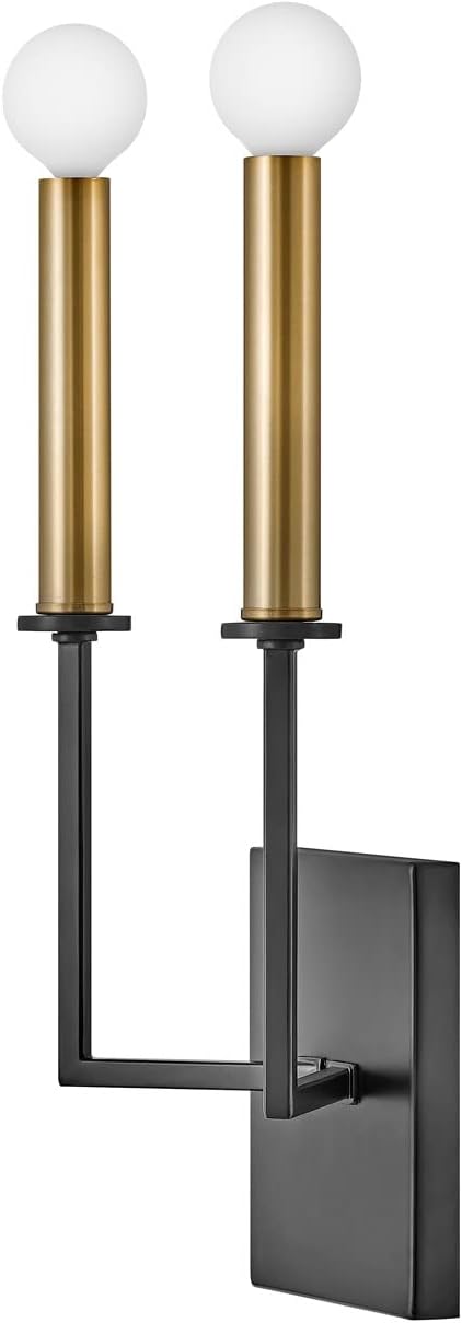 Lark Lazlo 83152BK Two Light Tall Wall Sconce, Modern Torch-Style, Bold Candle-Style Sockets, Black and Lacquered Brass