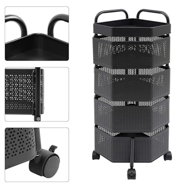 4-Tier Removable Basket Shelf Organizer, Multi-Layer Storage Rotating Basket, Rotating Storage Shelves Rack, Storage Shelves Rack Cart for Fruit Vegetable Grocery Corns Potato Onion Black-pj063NGK