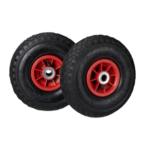 Relaxdays Sackkarrenrad 3.00-4, 2er Set Ersatzreifen, luftbereift, bis 80 kg, Kunststofffelge, 260x85 mm, schwarz-rot