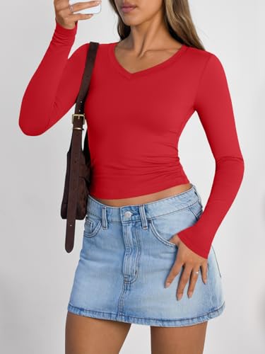 Image of Trendy Queen Womens Long Sleeve Shirts 2026 Fall Fashion Basics Crop Tops