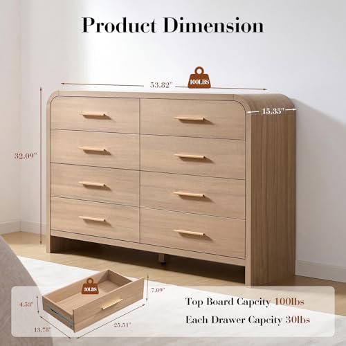 Image of Curved Drawer Dresser for Bedroom with 8 Drawers, 54'' Wide Chest of Drawer