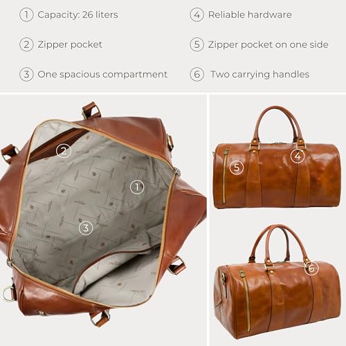 Image of Time Resistance Leather Duffel Bag - Large Weekend Gym Travel Bag (Cognac Brown)
