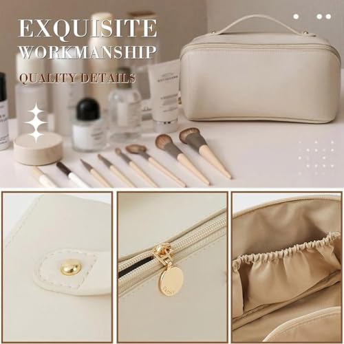 Image of Cosmetic Organizer Bag - Travel Makeup Bag, Large Capacity | Waterproof Portable & Spacious Pouch | Wide Opening | Divider and Handle (White)