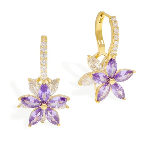 BXDA Gold Purple Flower Hoop Huggie Earrings for Women, Dainty 14k Gold Plated Crystal CZ Floral Dangle Earing Everyday Prom Fashion Jewelry Gift