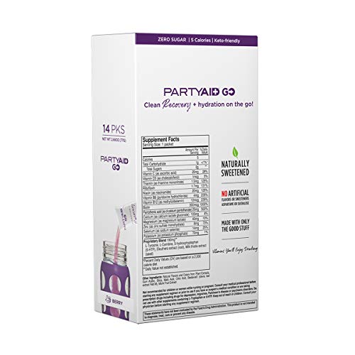 Image of PARTYAID GO! Feel Good Tonight and Tomorrow, Zero Sugar, 5-HTP, B-Complex, Milk Thistle, Electrolytes, No Artificial Flavors or Sweeteners, Caffeine-Free, 14 Count (Pack of 1)