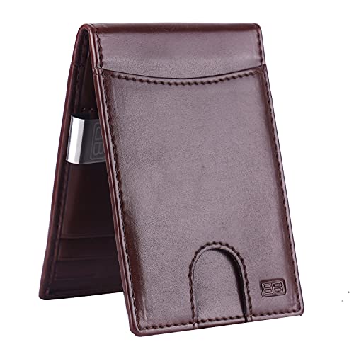 Image of Brooklyn Bridge Money Clip Wallets for Men Vegan Leather Smooth Brown - Slim RFID Protected Card Holder, Stylish Front Pocket Wallet with Cash Clip, Durable Gift for Him