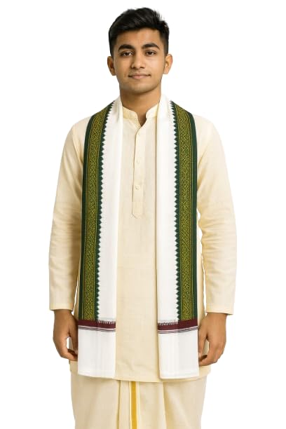 VANDNA INTERNATIONALTRADERS Traditional South Indian Cotton Scarf for Men – White with Green & Gold Border | Ethnic Wear Shawl, Ritual Puja Stole, Temple & Festival Accessory-picture-22