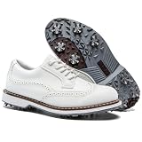 UOFEIY Men’s Spiked Golf Shoes, Water-Resistant Lightweight Golf Sneakers, Soft Spike Traction Outsole for Course & Clubhouse, Walking & Training White 9.5