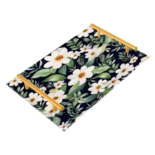 Wassud Bathroom Vanity Tray with Handles White Flowers and Green Leaves Acrylic Jewelry Perfume Organizer for Bathroom Kitchen Counter 11.81