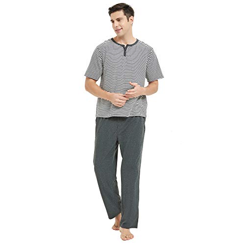 Image of U2SKIIN Mens Cotton Pajama Sets, Lightweight Short Sleeve Sleepwear Long Cotton Pajama Bottoms(Dark Grey Mel,M)