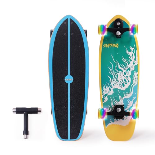 Nattork Complete Kid Skateboards 29" x 9" Youth Cruiser Skateboard for Beginners Double Kick Deck Concave Girls or Boys Skateboard Sea Tide