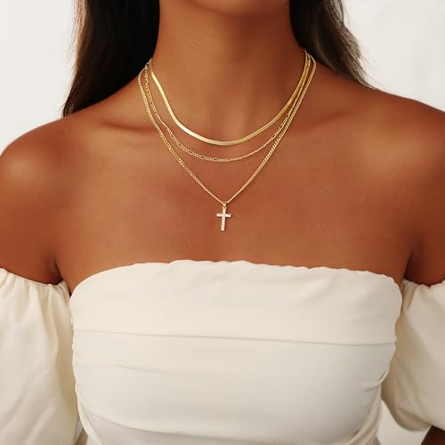 Layered Gold Cross Necklaces for Women, Stack Stackable Chunky 14K Gold Plated Cubic Zirconia Pendant Necklace Set Dainty Choker Layering Necklaces for Women Faith Jewelry Religious Gift3