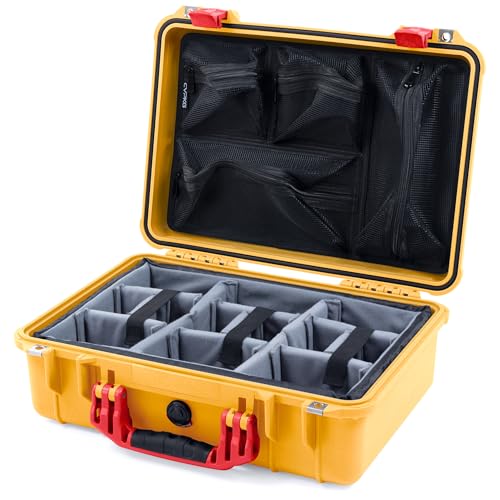 ColorCase Pelican 1500 Case Yellow - Medium Size Waterproof Case with Gray Divider & Mesh Lid Organizer - Red Handles & Latches