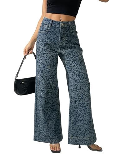 zsangbee Women's Leopard Print Rhinestone Jeans Flare Wide Leg Pants High Waist Stretch Denim Trouser Trendy Jean