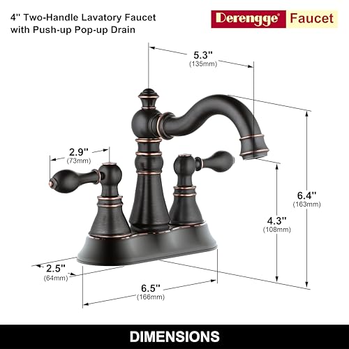 Derengge Two Handle Oil Rubbed Bronze Bathroom Sink Faucet 3 Hole with Pop up Drain Assembly, Classic 4 Inch Centerset Bathroom Lavatory Faucet with 360° Swivel Spout,EW-516-NB - Image 2