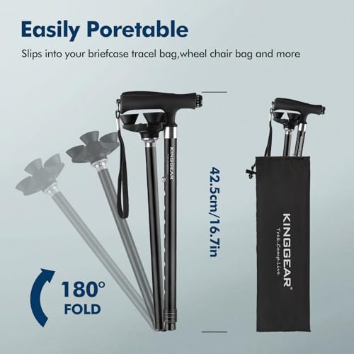 KINGGEAR Walking Cane for Women & Men, Adjustable Lightweight LED Walking Stick with Autonomous Standing, Large Sturdy 360 Swivel Base Crutches Cane for Seniors