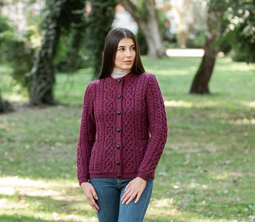 Image of SAOL 100% Merino Wool Ladies Irish Buttons Knit Cardigan Lumber Jacket with Pockets