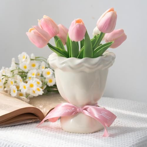 Relexome Beige Ceramic Bow Vase 9.64 in Unique Cute Modern Decorative Bouquet Flower Vases for Home Living Room Table Decor Women Girl Gifts