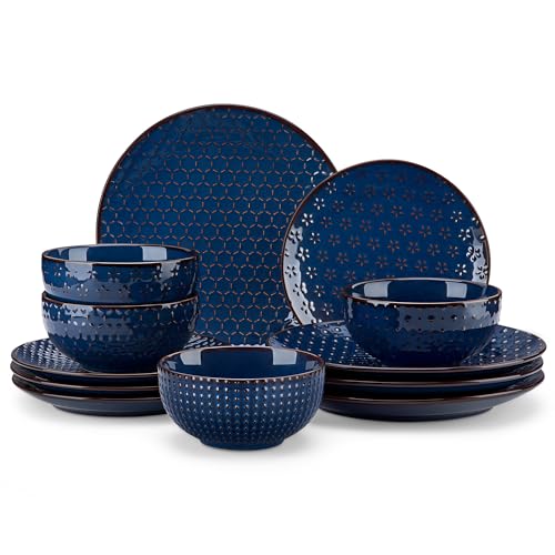 Image of MALACASA 12 Pieces Dinnerware Sets, Modern Plates and Bowls Sets, Blue Dish Set for 4, Kitchen Ceramic Dinner Plates Dishware Set, Microwave and Dishwasher Safe, Series LYDIA
