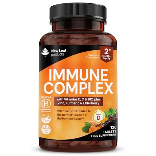 Vitamin D3 Immune Booster Complex - with Vitamins D,C, B12, Zinc, Turmeric & Elderberry - Immune Support - Made in the UK - Immunity Booster by New Leaf 120 Tablets