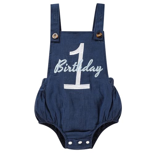 Sinhoon Baby Boy Girl 1st Birthday Romper First Gift Outfit Solid Color Jumpsuit One Year Old Cake Smash Clothes (Navy Blue,12-18M)
