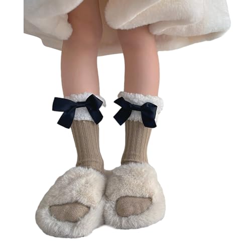 Breathable Cotton Hosiery Socks For Girls Toddler Stretchy Knee High Lamb Fleece Edge Bow For Autumn Spring Winter Warm Socks