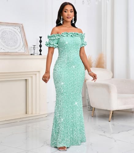 Image of dasmzper Women Sexy Sequin Off Shoulder Ruffle Short Sleeve Bodycon Mermaid Party Formal Evening Maxi Dress
