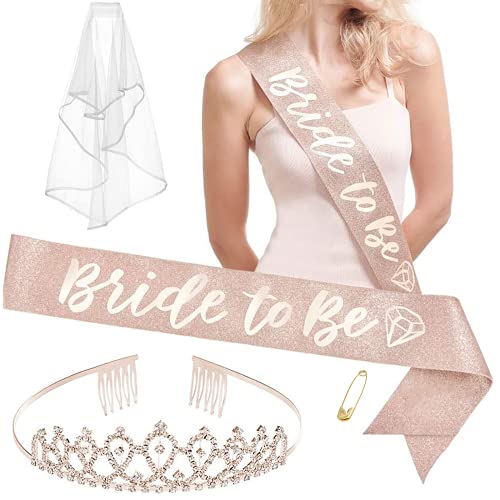 'Bride to Be' Bachelorette Party Decorations Kit | Rose Gold Glitter Sash,Veil , Rhinestone Tiara | Bridal Shower Supplies| Wedding Engagement Party Favors Gift