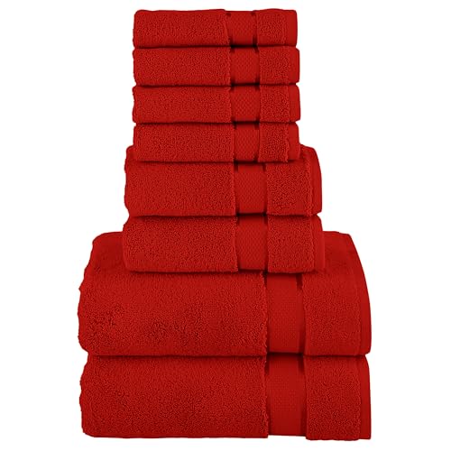 Image of Elegant Comfort Premium Cotton 8-Piece Towel Set, Includes 4 Washcloths, 2 Hand Towels and 2 Bath Towels, 100% Turkish Cotton - Highly Absorbent and Super Soft Towels for Bathroom, Red