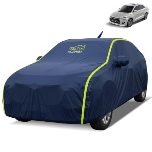Image of FABTEC Waterproof Car Body Cover for Maruti Dzire 2025 Outdoor /Indoor All Weather Protection with Mirror & Antenna Pocket Triple Stitched (Premium Navy Blue with Neon Piping)