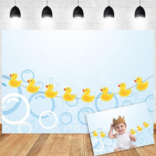 OERJU Rubber Duck Photo Backdrop Duck Baby Shower Backdrop Yellow Rubber Ducky Bubbles Photography Background Children Kids Newborn Birthday Party Decoration Banner Vinyl Photoshoot Props 5x3ft