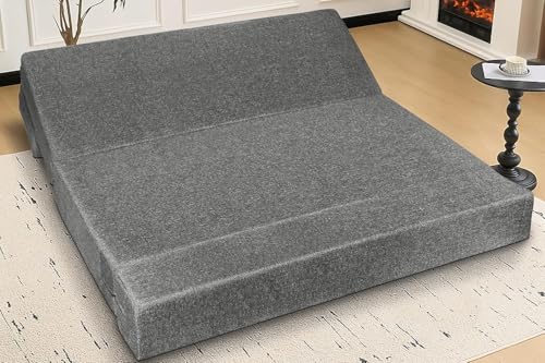 Image of Foldable Four Seater Sofa Cum Bed, Sofa Bed 6 X 6 Feet, Jute Fabric- Washable Cover- Including Four Cushion Perfect for Home & Office - Grey Color