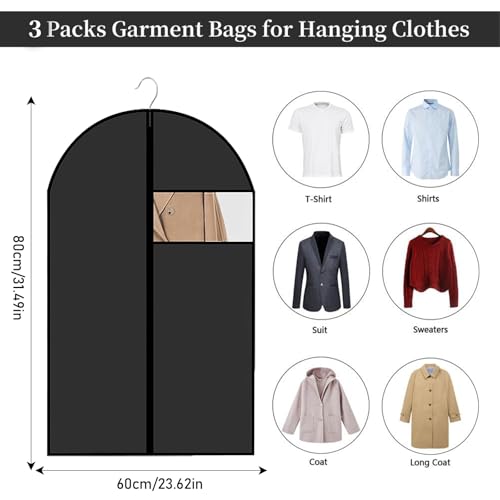 3 Stück Kleidersack, Kleidersacks für die Aufbewahrung 60x80 cm Atmungsaktiver Stoff Kleidersacks Anzug mit Klarem Fenster Schwarzer Reißverschluss Kleidersack, für Kleider Mäntel Hemden Abendkleider