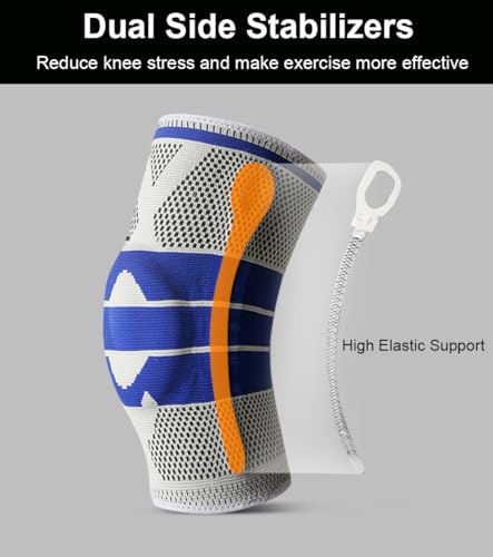 2 Pack Knee Sleeves for Men Women, Compression Knee Brace Knee Sleeve with Side Stabilizers & Patella Gel Pad, Knee Bands for Pain Relief Knee Braces for Knee Pain Knee Brace for Arthritis Pain and Support (Grey, Large)