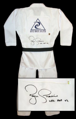 Royce Gracie Signed Full Size White Gi and Black Belt included with UFC HOF 03 Inscription - Autographed UFC Robes and Trunks