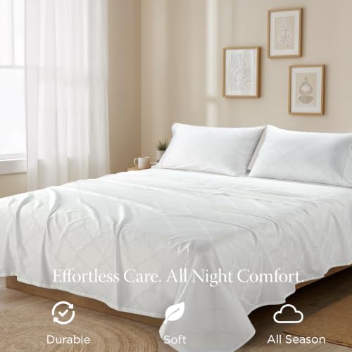 Image of Threadmill 300 Thread Count Cotton Twin Sheet Set, Sateen, Damask, White | 100% Cotton, Sateen Weave, Damask Pattern, 3-Piece Set, 16 inch Deep Pocket, Cooling, Breathable, OEKO-TEX Certified