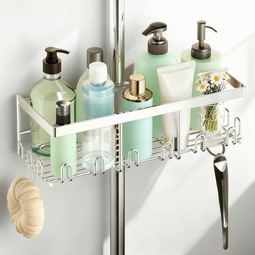RUIHANDA Duschablage Ohne Bohren, Duschregal für RUNDE Stangen 18mm-25mm Duschstange, Shampoo Halterung für Dusche mit 12 Haken