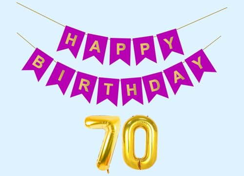 Image of 70th Happy Birthday Decoration Kit Purple for 70 year Old Men with Number Seventy Party Decorations Decor Celebration Items Item Set Combo Reusable Paper Banner