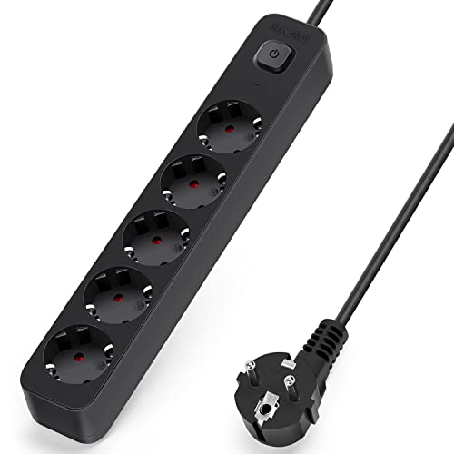 Aigostar Steckdosenleiste 5-Fach, Mehrfachsteckdose mit Schalter, Mehrfachstecker Verlängerungskabel 3m Kabel, Schwarz