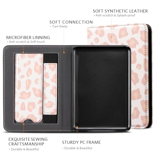 Image of CoBak Case for 6 inch E-Reader - PU Leather Smart Cover with Auto Sleep /Wake & Hand Strap, not Compatible with Kobo Clara,Pink Leopard