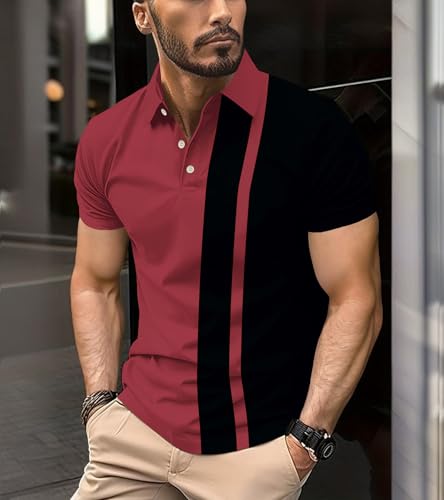 Lässige Golf-Shirts für Herren - Kragen Dry Fit Herren-Poloshirts Kurzarm Feuchtigkeitstransport Sommer, Golf-Poloshirts für Herren, Dunkelrot / Schwarz, Mittel