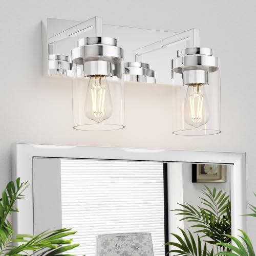 Image of Bathroom Vanity Fixtures, 2 Light Matte Chrome Vanity Light with Clear Glass Shade, 15in Farmhouse wall Light, Lighting Fixture Over Mirror for Bathroom