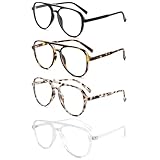 MMOWW 4 Pack Oversized Aviator Reading Glasses for Women Men Retro Double Bridge Pilot Style Blue Light Blocking Computer Readers, Black/Tortoise/Grey Tortoise/Transparent +1.5