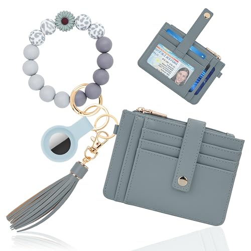 Image of Wristlet Wallet for Women, Keychain Wallet with AirTag Holder | 9 card slots,ID window & zipper pocket,RFID,beaded wrist strap and compact design for travel,shopping and daily carry.