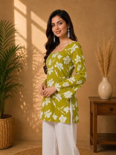 Image of Rayon Floral Print Short Kurti for Women | Square Neck Long Sleeve Top for Women | Criss Cross Back Desing Kurti | Soft Breathable Fabric | Relaxed Fit | Casual and Office Wear