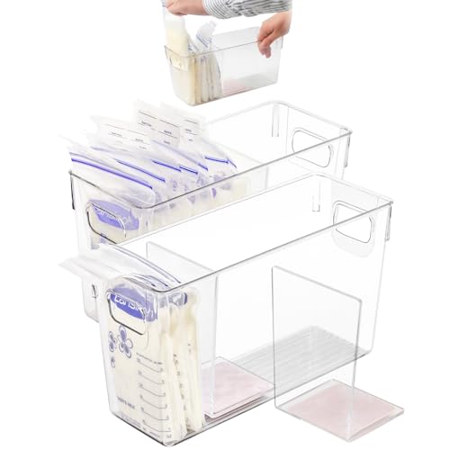 Image of Breastmilk Storage Container with L Shaped Separator Boards, Dividers Will Flatten Standing Breast Milk Bags in Organizer Bins to Save Refrigerator Space | 2 Containers Plus 4 Pink Boards in Total.
