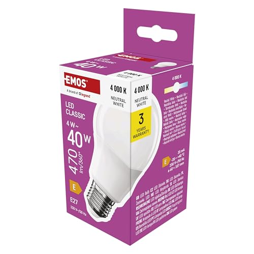 EMOS Bombilla LED A60, 4 W de repuesto para bombilla de 40 W, bombilla clásica con casquillo E27, brillo 470 lm, luz blanca neutra 4000 K, vida útil de 30.000 h, CRI mín. 80, ángulo de haz de 180°